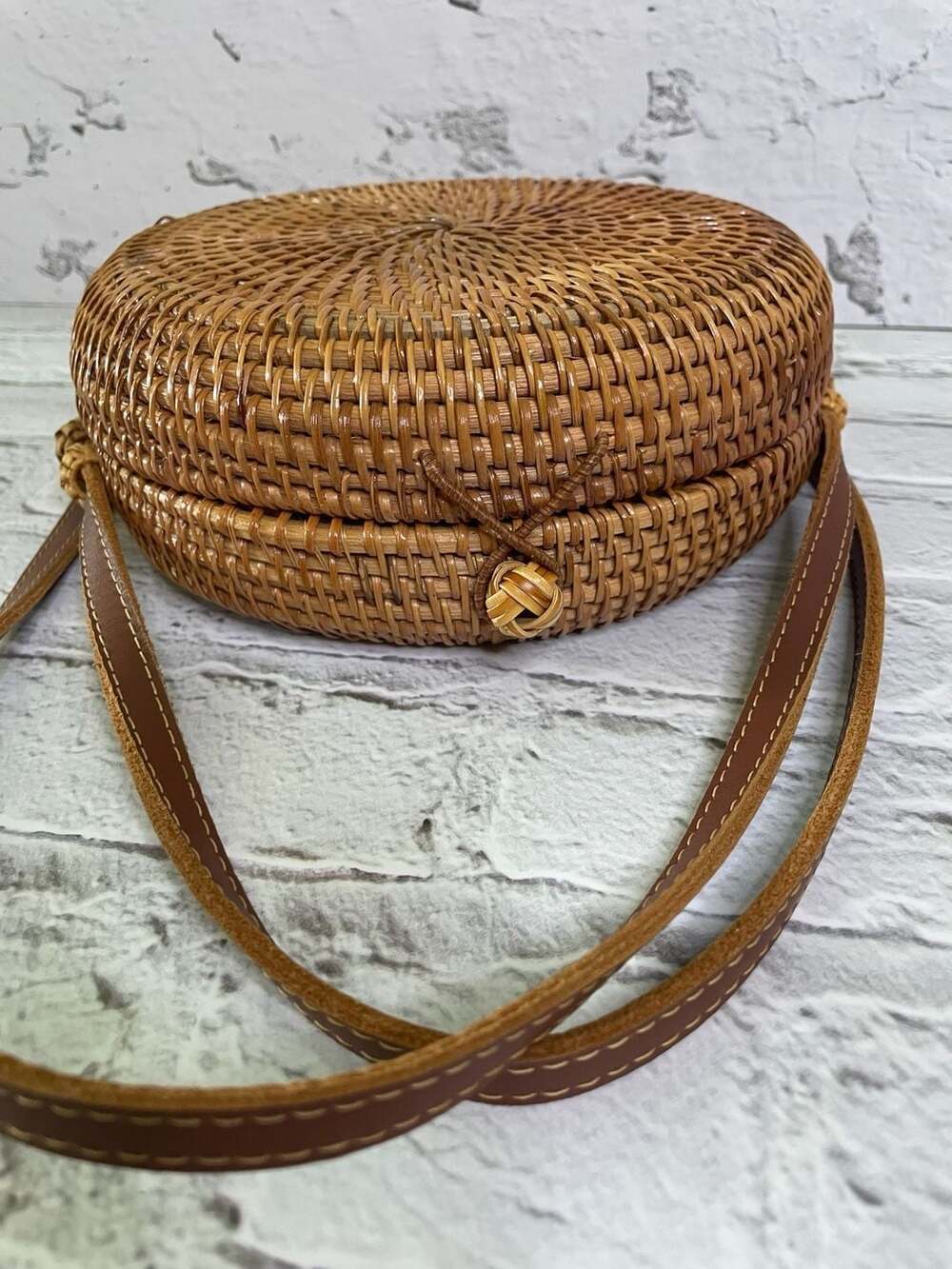 Handwoven Round Rattan Ata Crossbody Bag with Leather Strap